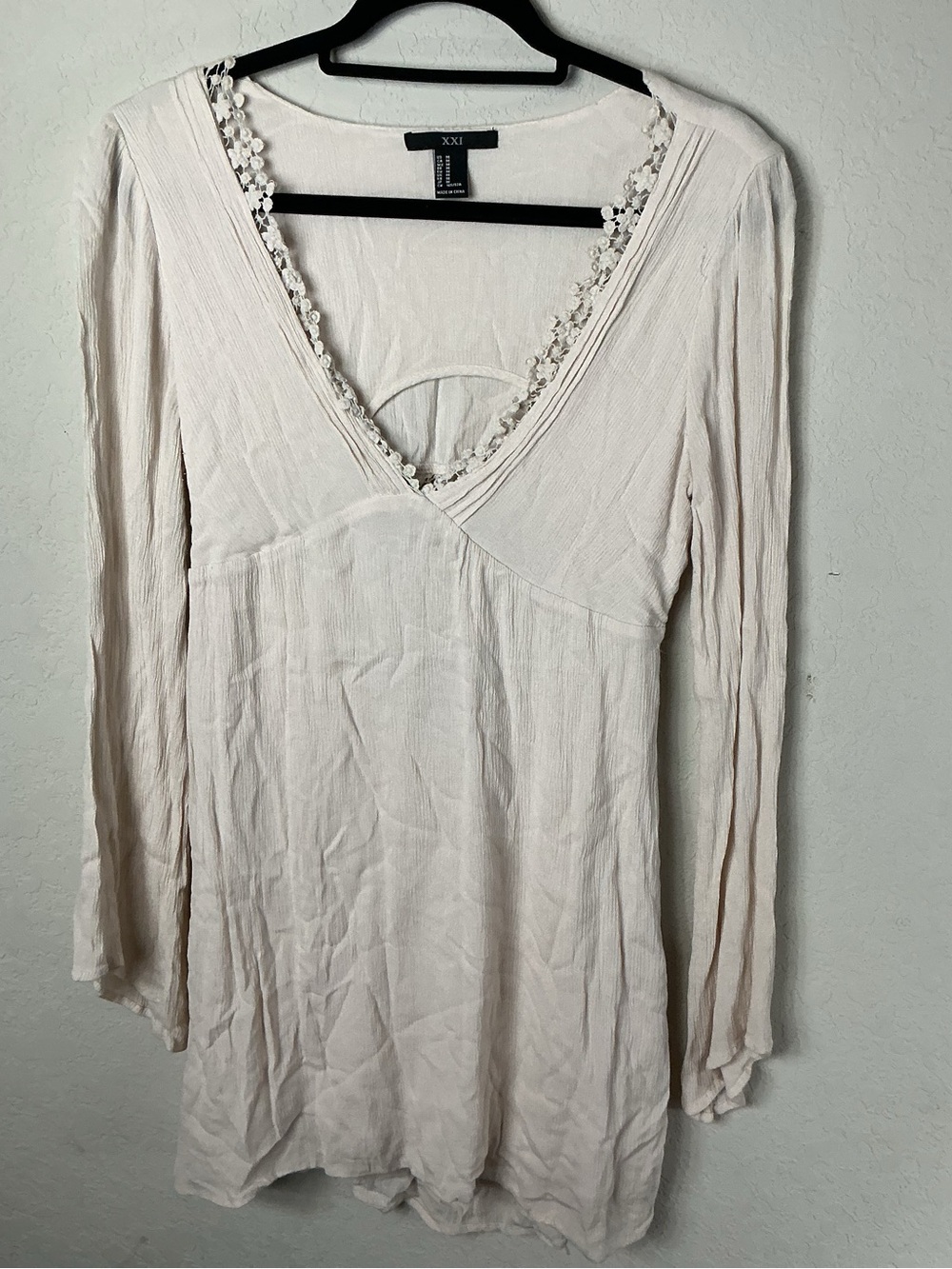 XXI Forever Womens Cream Boho Crochet Lace Open Back Mini Dress Medium